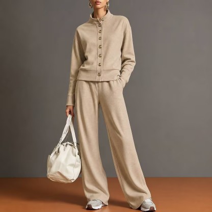 Women's Stand Collar Snap Button Lounge Set Long Sleeve Jacket & Wide Leg Pants 2 Piece Athleisure Outfit