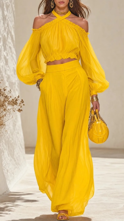 Elegant Urban Style Halter-neck Chiffon Top And Wide-leg Pants Set