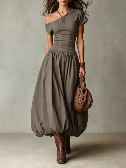 Vintage-style One-shoulder Balloon Hem Maxi Dress