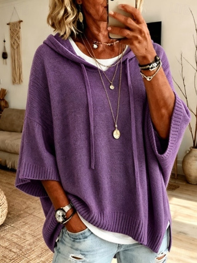 Women's Pullover Sweater Jumper Knit Sweater Streetwear Ribbed Hooded Hooded 3/4 Length Sleeve Long Tops