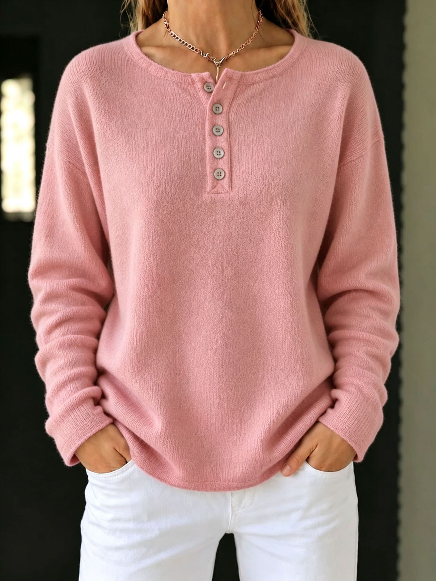 Henley Button Crew Neck Knit Sweater