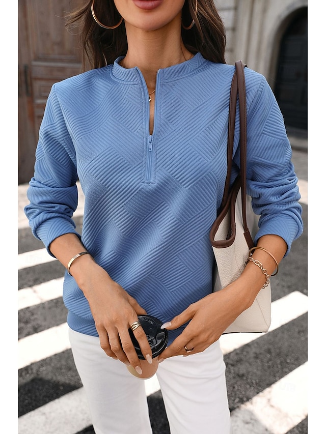 Women's Textured Zip Up Sweatshirts Casual Long Sleeve V Neck Half Zip Regular Tops