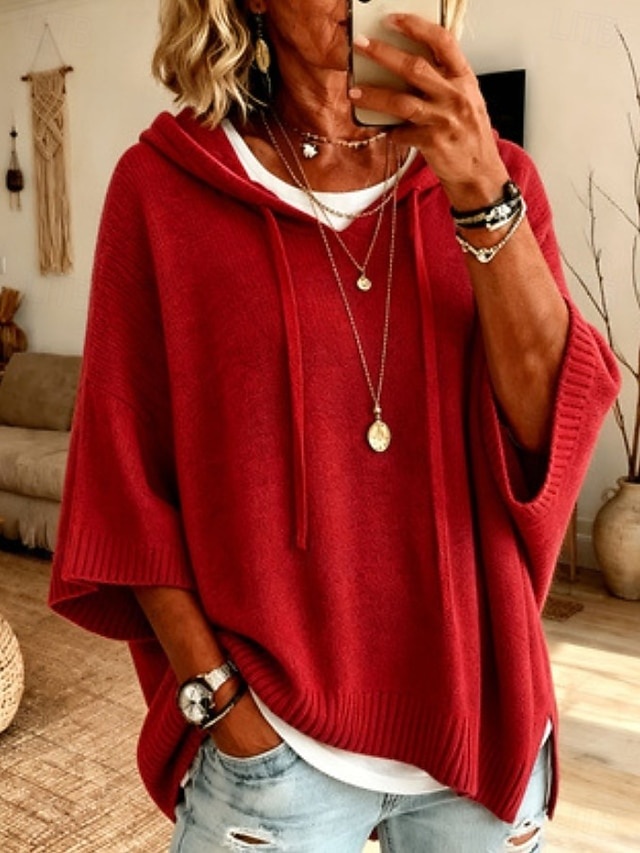 Women's Pullover Sweater Jumper Knit Sweater Streetwear Ribbed Hooded Hooded 3/4 Length Sleeve Long Tops
