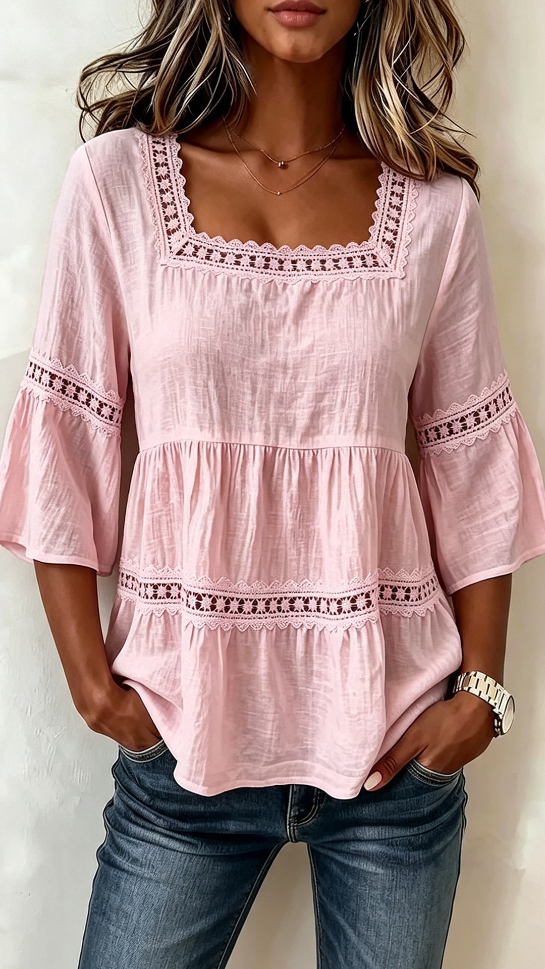 Square Neck Lace Trim Peplum Blouse with 3/4 Bell Sleeves