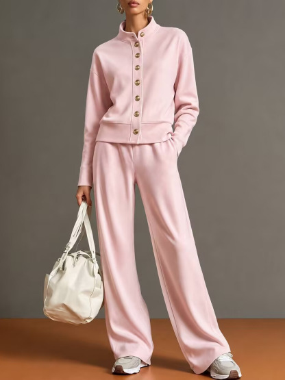 Women's Stand Collar Snap Button Lounge Set Long Sleeve Jacket & Wide Leg Pants 2 Piece Athleisure Outfit