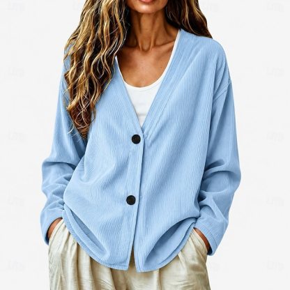 Women's Ribbed V-Neck Cardigan - Comfortable Button-Front Casual Sweater Top Casual Jacket