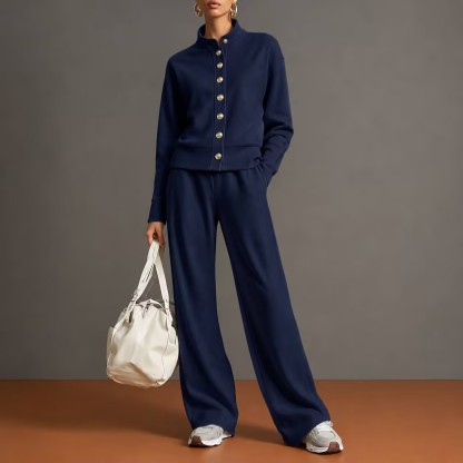 Women's Stand Collar Snap Button Lounge Set Long Sleeve Jacket & Wide Leg Pants 2 Piece Athleisure Outfit