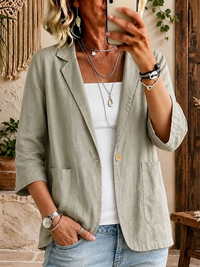 Women’s Casual Linen Blazer Relaxed Fit Single Button Pocket Jacket