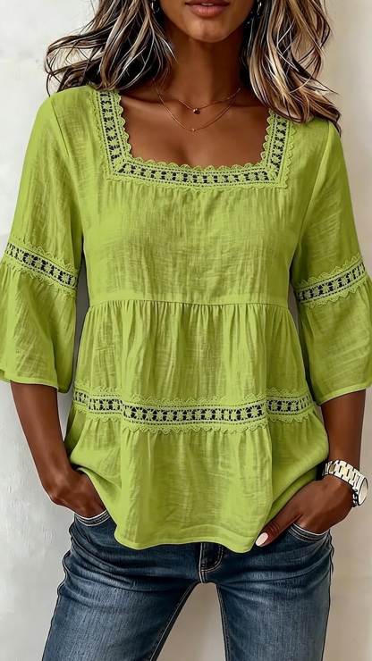 Square Neck Lace Trim Peplum Blouse with 3/4 Bell Sleeves