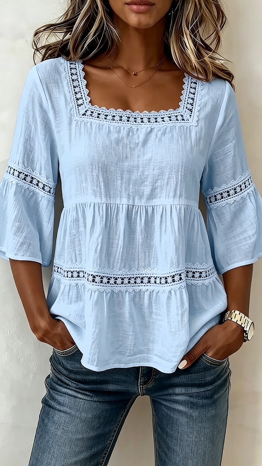 Square Neck Lace Trim Peplum Blouse with 3/4 Bell Sleeves