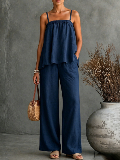 Linen Blend Cami Top & Wide Leg Pants Set – Loose Casual Two Piece Outfit