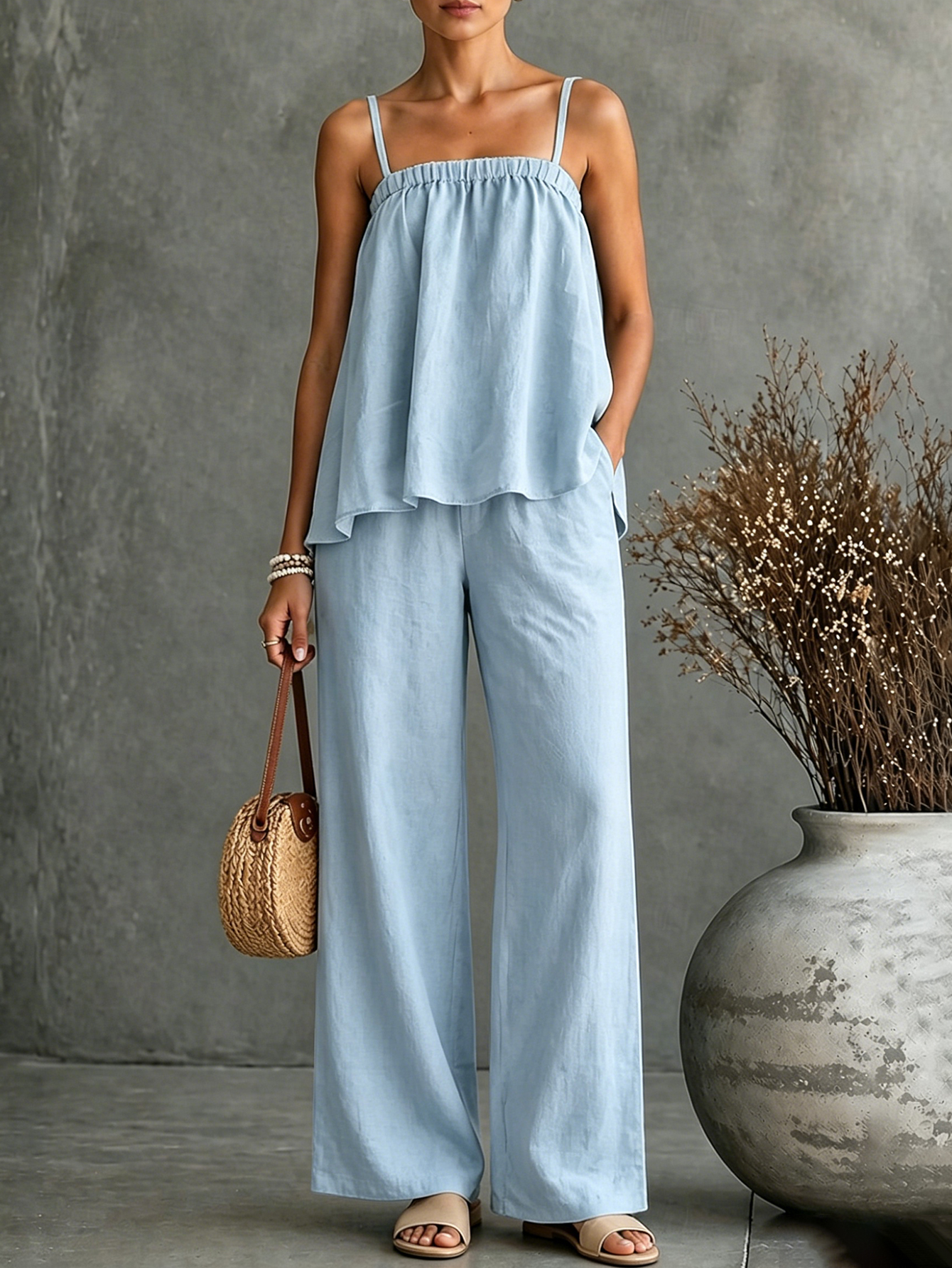 Linen Blend Cami Top & Wide Leg Pants Set – Loose Casual Two Piece Outfit