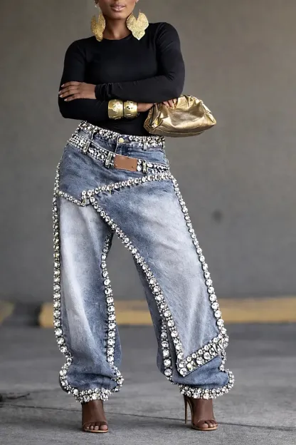Women's Two-Piece Street Style Fashion Jeans&Diamond Jeans
