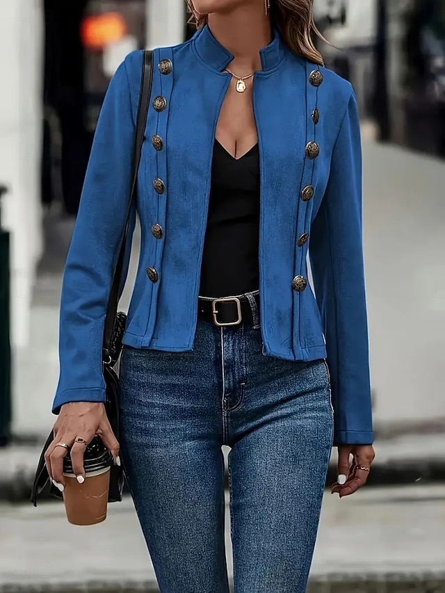 Women's Casual Jacket Comfortable Breathable Buttons Casual Plain Vacation Street Daily Wear Going out Double Breasted Short Stand Collar Regular Fit Long Sleeve Outerwear