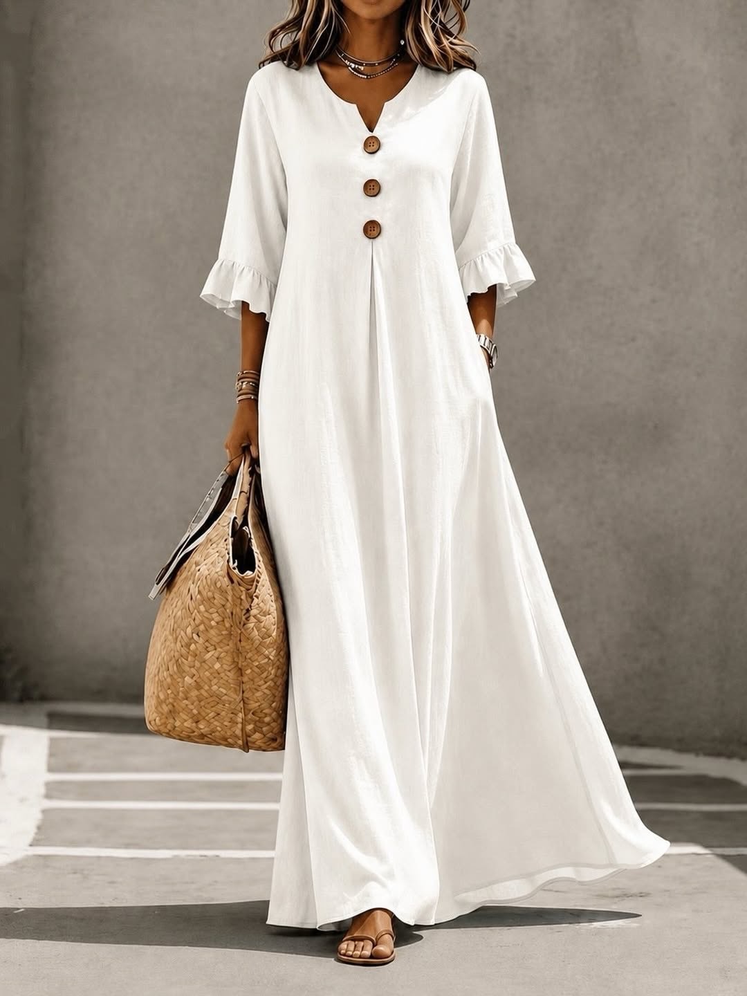 Women's Linen Blend V-Neck Button Front Ruffle Sleeve Maxi Dress