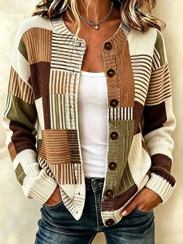 Women’s Color Block Plaid Knit Cardigan Button Front Vintage Sweater