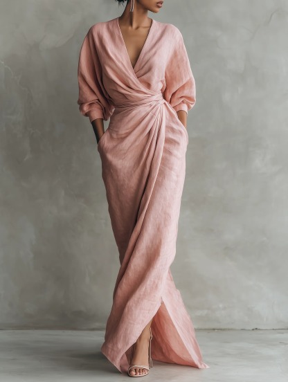 Linen Blend V Neck Ruched Maxi Dress | Elegant Tie Waist Casual Dress