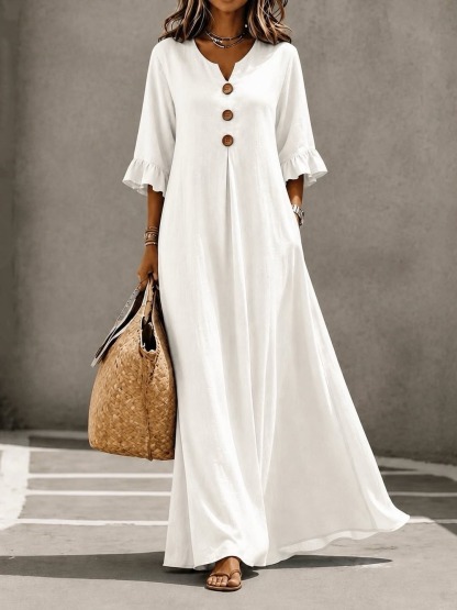 Women's Linen Blend V-Neck Button Front Ruffle Sleeve Maxi Dress