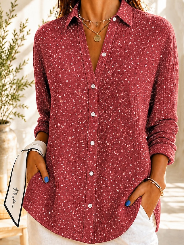 Women's Waffle Shirt Casual Shirt Summer Tops Ombre Floral Graphic Elegant Vintage Stylish Long Sleeve Turndown Long Tops Casual Daily Outdoor Blue Red Green Beige Summer Spring Fall Winter