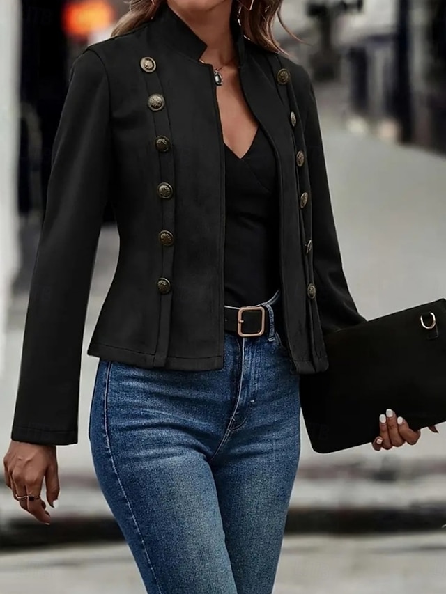 Women's Casual Jacket Comfortable Breathable Buttons Casual Plain Vacation Street Daily Wear Going out Double Breasted Short Stand Collar Regular Fit Long Sleeve Outerwear