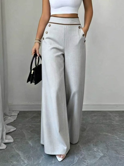 Women’s High Waist Wide Leg Pants Contrast Trim Button Decor Long Trousers
