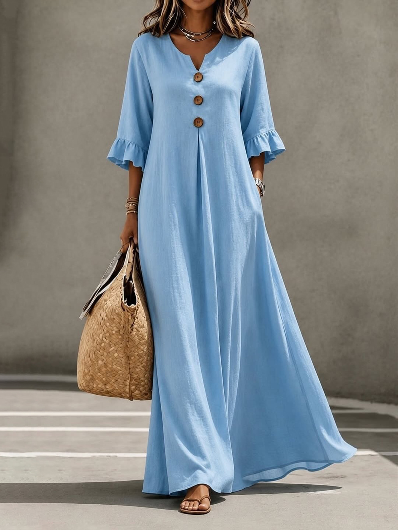 Women's Linen Blend V-Neck Button Front Ruffle Sleeve Maxi Dress