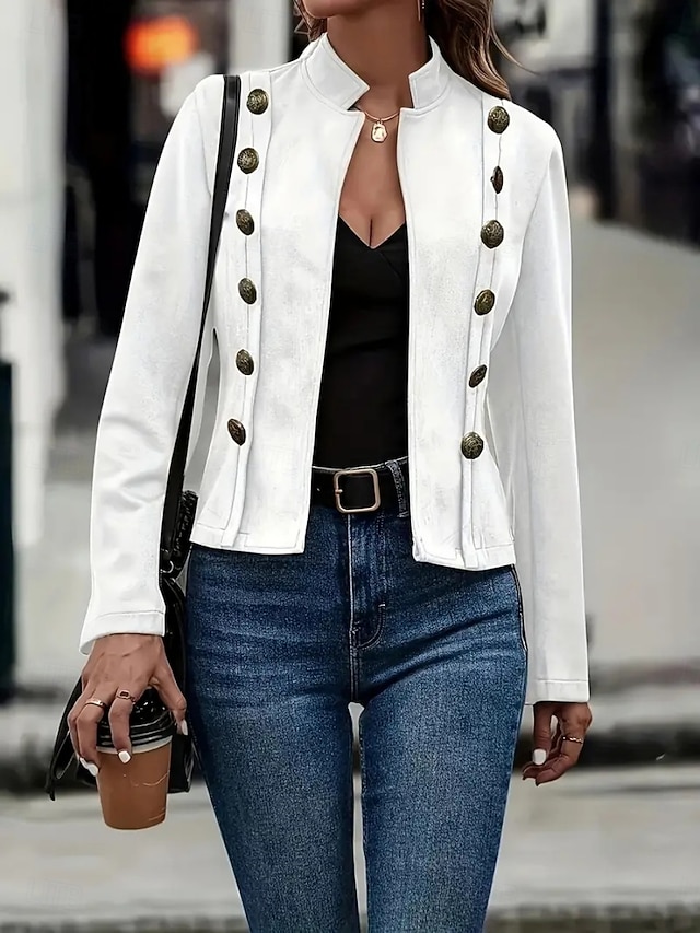 Women's Casual Jacket Comfortable Breathable Buttons Casual Plain Vacation Street Daily Wear Going out Double Breasted Short Stand Collar Regular Fit Long Sleeve Outerwear