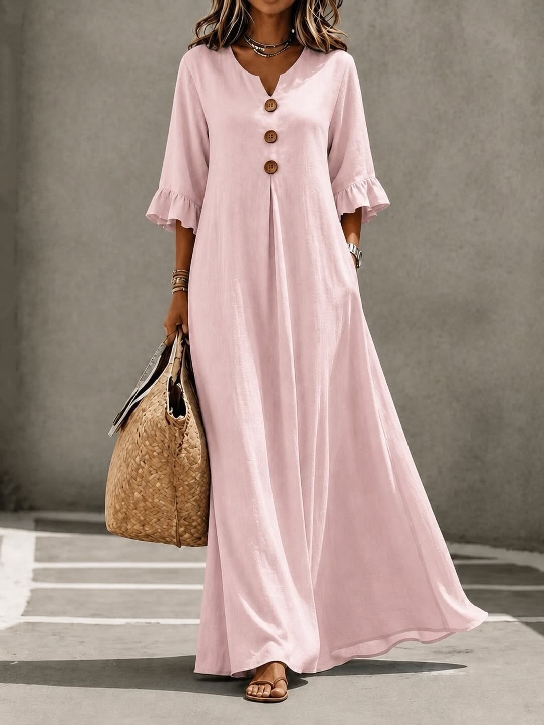 Women's Linen Blend V-Neck Button Front Ruffle Sleeve Maxi Dress