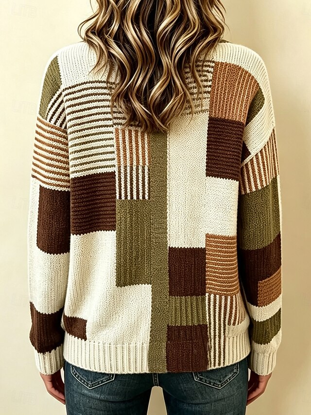 Women’s Color Block Plaid Knit Cardigan Button Front Vintage Sweater