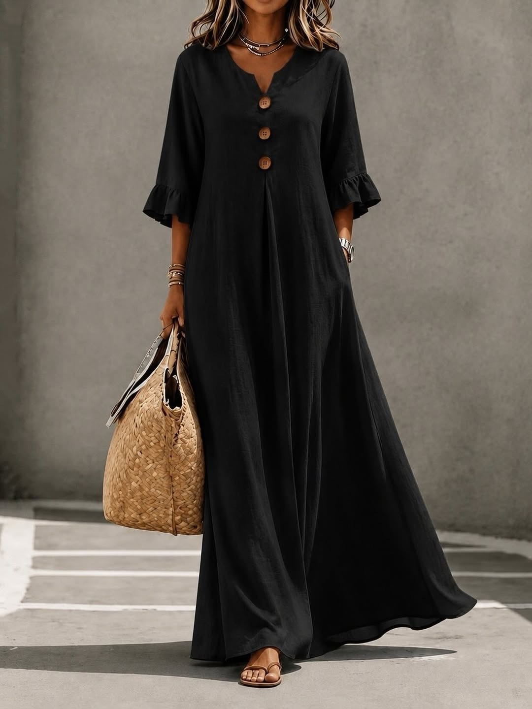 Women's Linen Blend V-Neck Button Front Ruffle Sleeve Maxi Dress