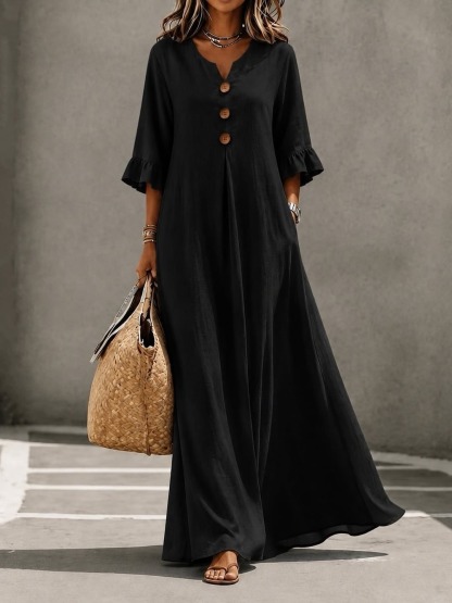 Women's Linen Blend V-Neck Button Front Ruffle Sleeve Maxi Dress