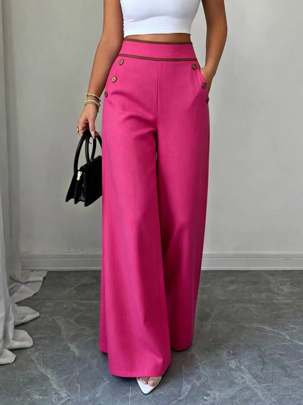 Women’s High Waist Wide Leg Pants Contrast Trim Button Decor Long Trousers