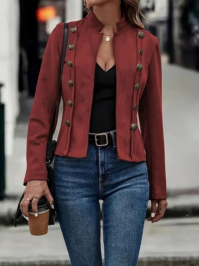 Women's Casual Jacket Comfortable Breathable Buttons Casual Plain Vacation Street Daily Wear Going out Double Breasted Short Stand Collar Regular Fit Long Sleeve Outerwear