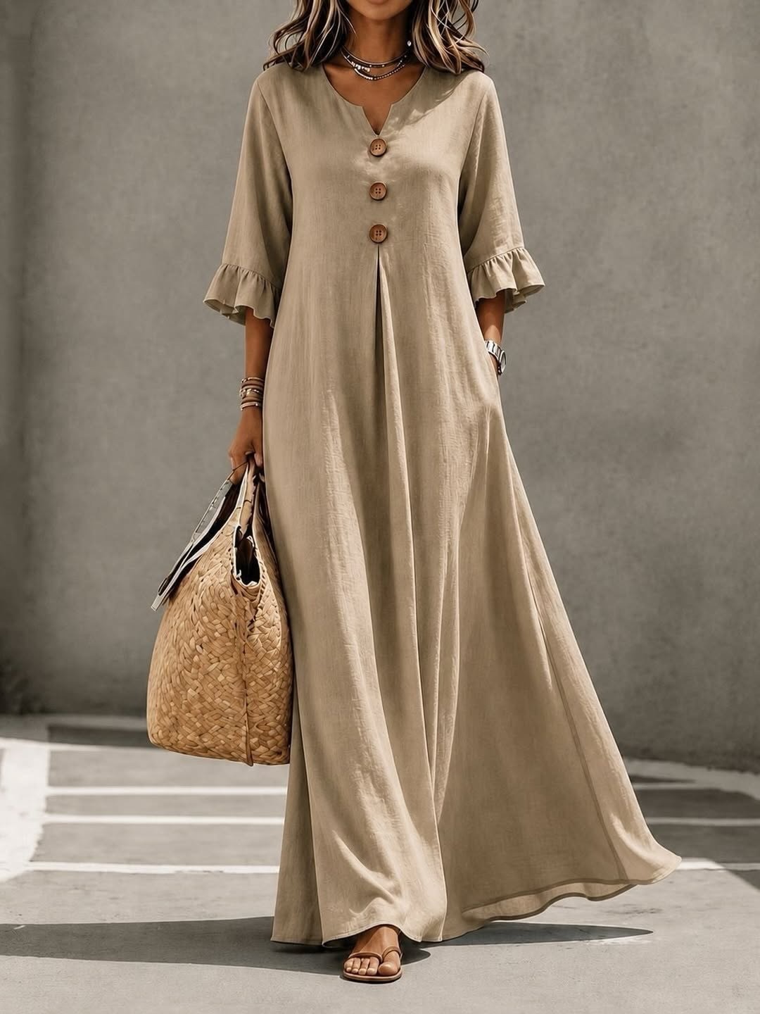 Women's Linen Blend V-Neck Button Front Ruffle Sleeve Maxi Dress