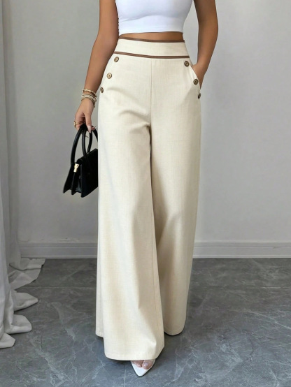 Women’s High Waist Wide Leg Pants Contrast Trim Button Decor Long Trousers