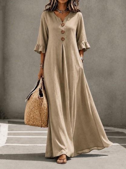 Women's Linen Blend V-Neck Button Front Ruffle Sleeve Maxi Dress