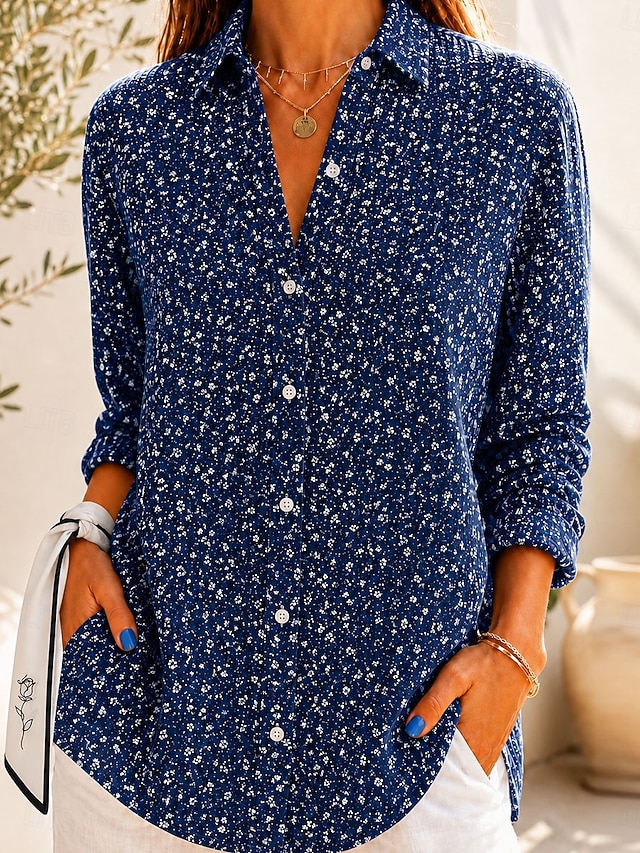 Women's Waffle Shirt Casual Shirt Summer Tops Ombre Floral Graphic Elegant Vintage Stylish Long Sleeve Turndown Long Tops Casual Daily Outdoor Blue Red Green Beige Summer Spring Fall Winter