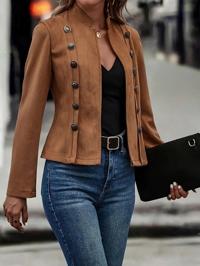 Women's Casual Jacket Comfortable Breathable Buttons Casual Plain Vacation Street Daily Wear Going out Double Breasted Short Stand Collar Regular Fit Long Sleeve Outerwear