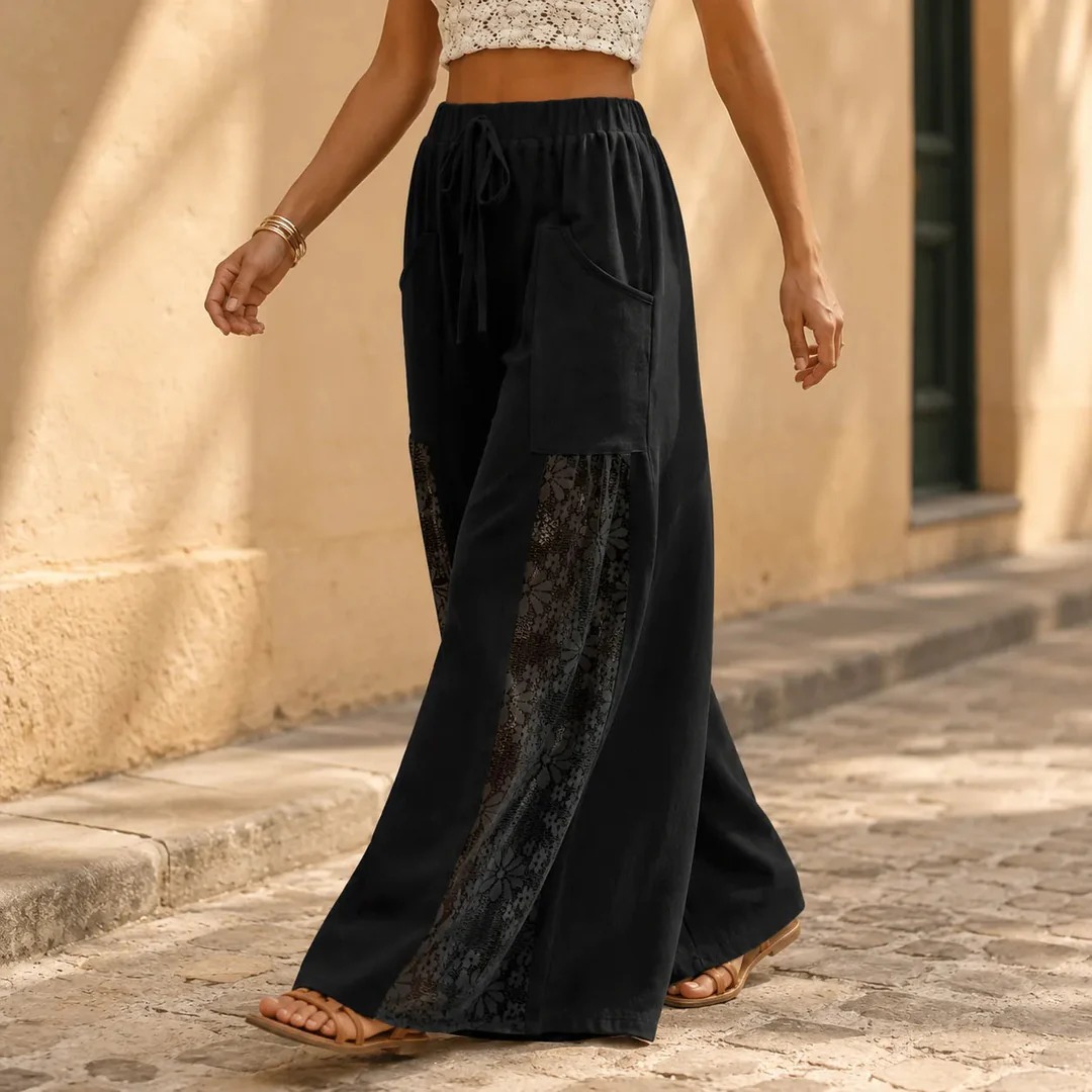 White Lace Panel Drawstring High Waist Wide Leg Pants