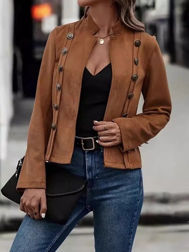 Women's Casual Jacket Comfortable Breathable Buttons Casual Plain Vacation Street Daily Wear Going out Double Breasted Short Stand Collar Regular Fit Long Sleeve Outerwear