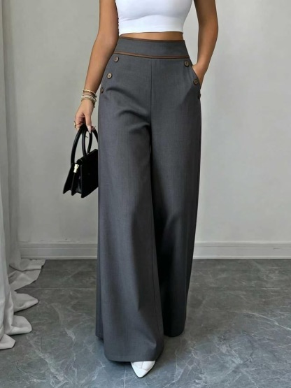 Women’s High Waist Wide Leg Pants Contrast Trim Button Decor Long Trousers