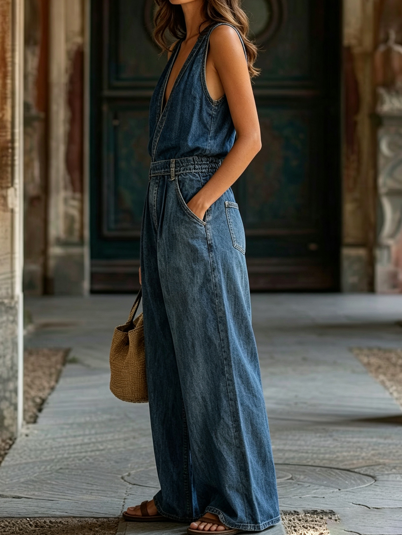 Women's Deep V-Neck Denim Jumpsuit Sleeveless Wide Leg Pocket Romper