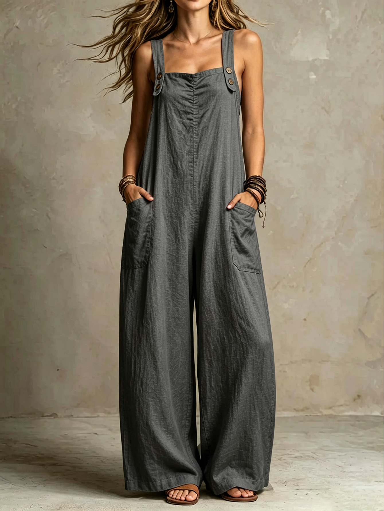 Sleeveless Wide-Leg Jumpsuit with Button Straps & Pockets