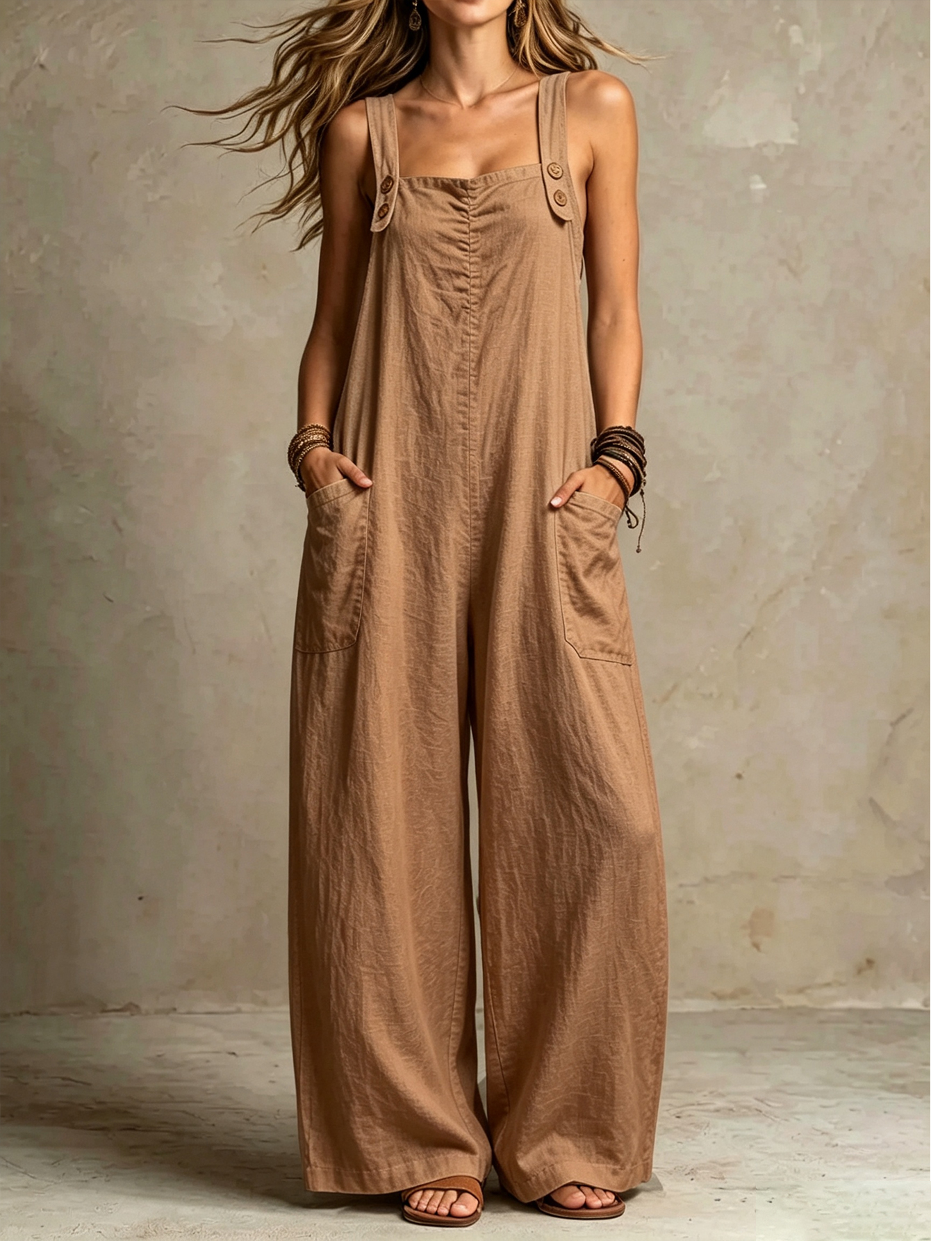 Sleeveless Wide-Leg Jumpsuit with Button Straps & Pockets