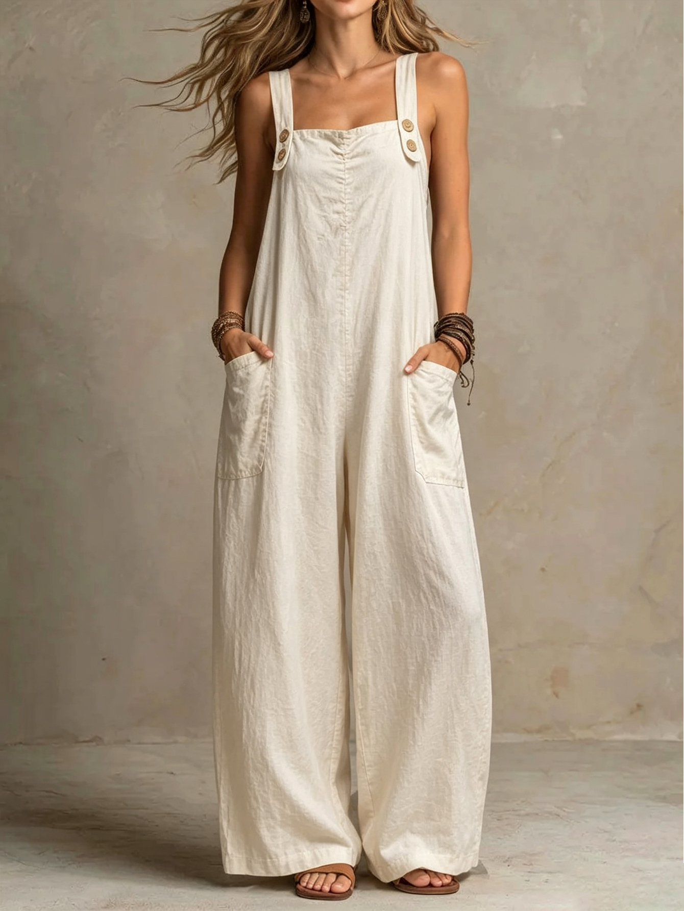 Sleeveless Wide-Leg Jumpsuit with Button Straps & Pockets