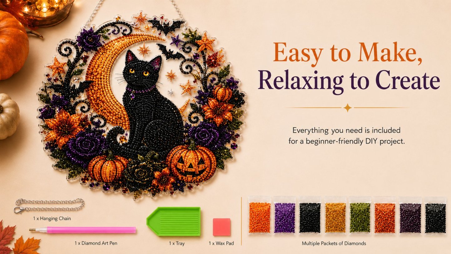 Black Cat Moon Diamond Art Hanging Ornament Kit – Relaxing DIY Halloween Craft 🎃💎