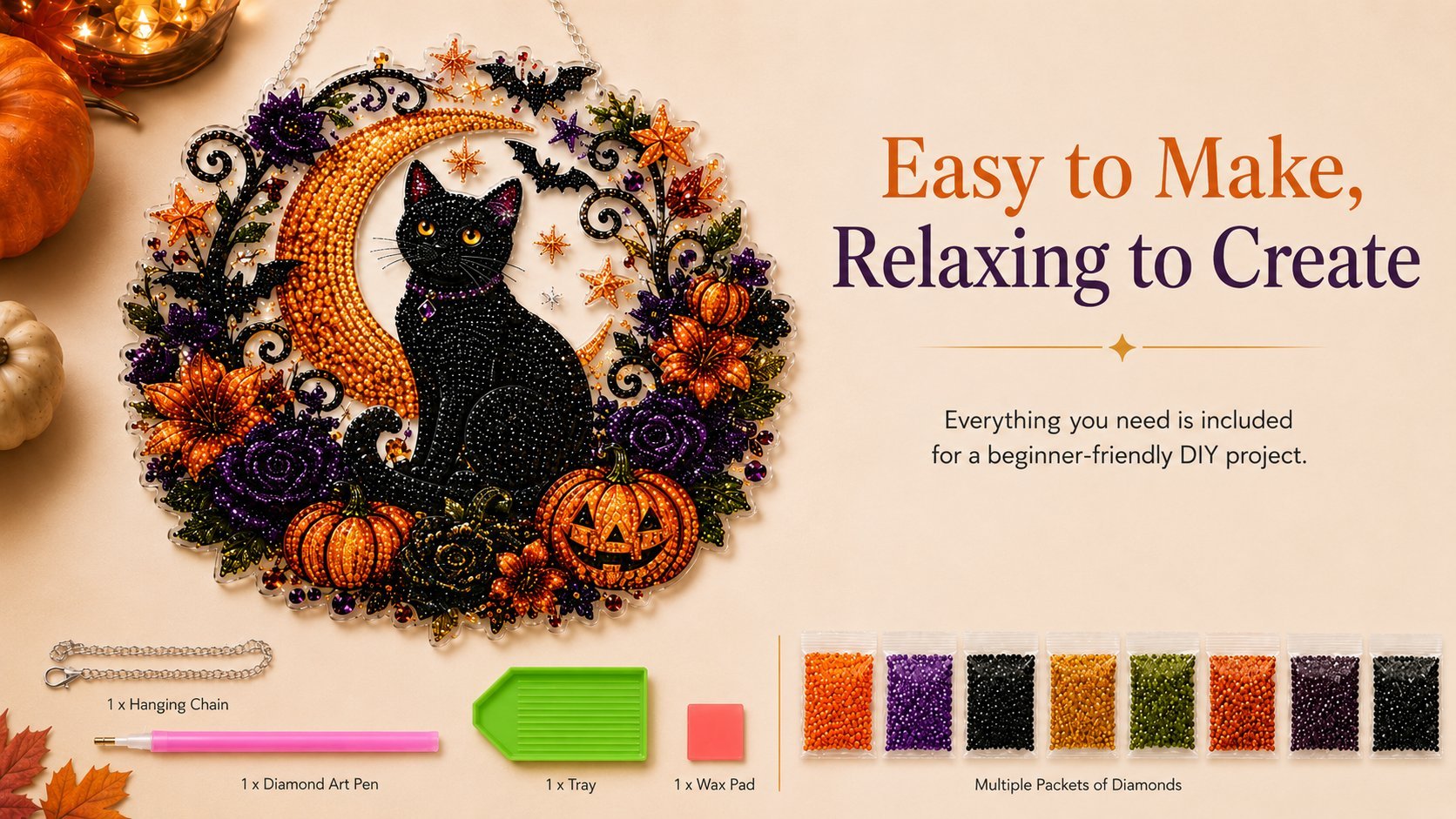 Black Cat Moon Diamond Art Hanging Ornament Kit – Relaxing DIY Halloween Craft 🎃💎