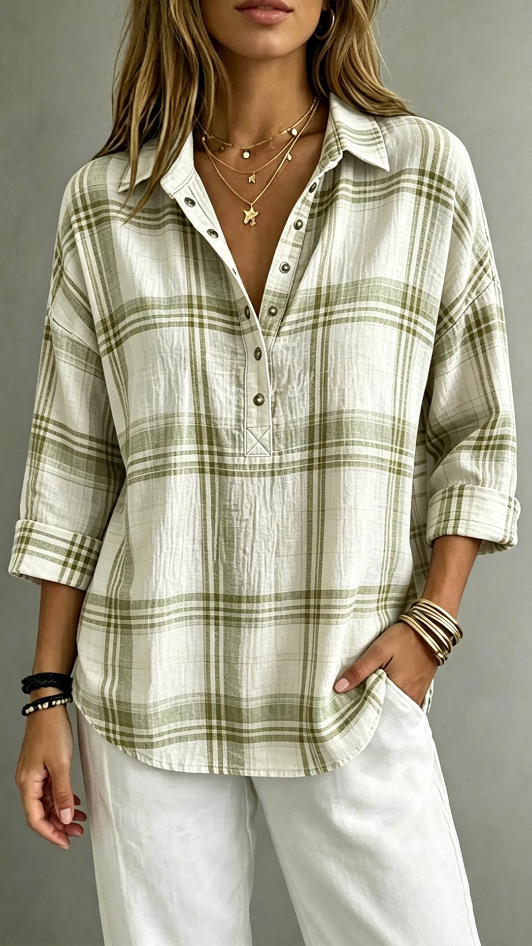 Women's Plaid Henley Polo Shirt Casual Oversized Drop Shoulder Long Sleeve Blouse