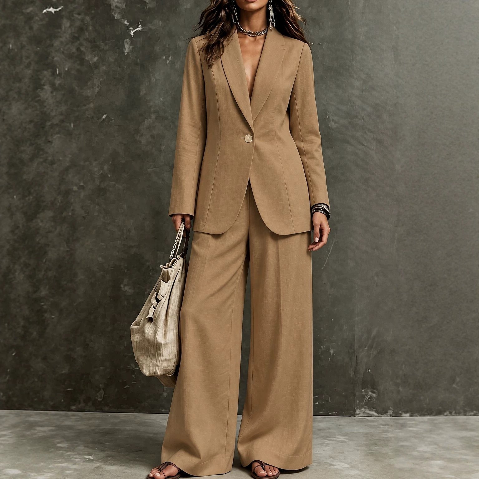 Women’s linen-look single-button notch-lapel blazer and wide-leg trouser suit set in Camel – warm medium camel – full-length front standing view against grey concrete studio backdrop, fitted notch-lapel single warm gold tonal button blazer, front welt pockets, structured shoulders, waist-suppressed fitted body hip-length hem, wide-leg straight linen-look trouser with soft centre-front fold full-length, large beige natural woven tote left hand, layered chain necklace, chandelier statement earrings, stacked bead bracelets, flat nude thong sandals