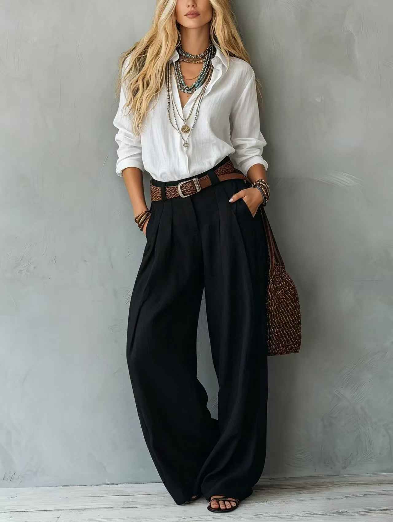 Women's Blouse & Wide-Leg Pants Set – Loose Fit Two-Tone 2-Piece